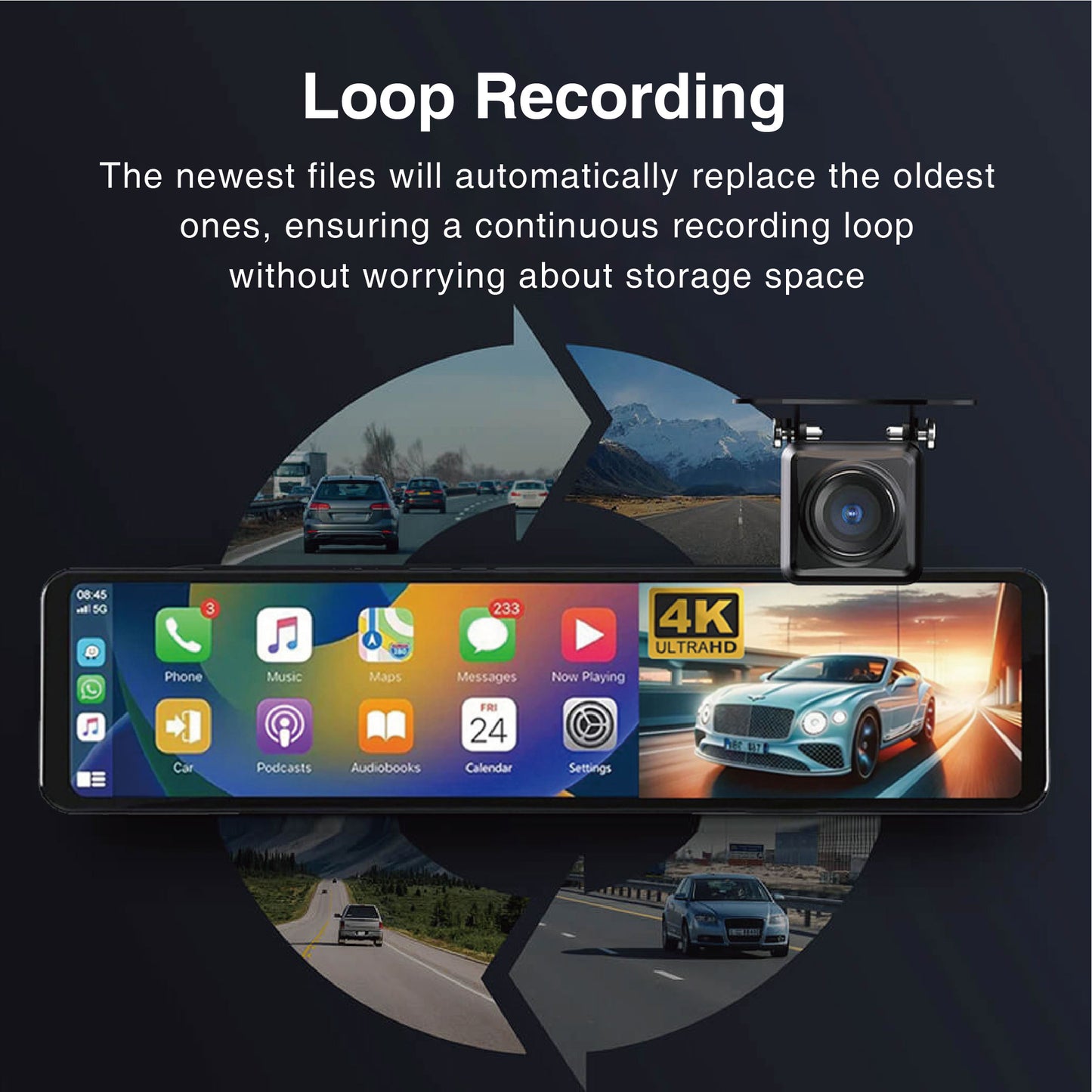 D800 4K +1080P 11.26 Inch Mirror Dash Cam with Apple Carplay Andoid Auto