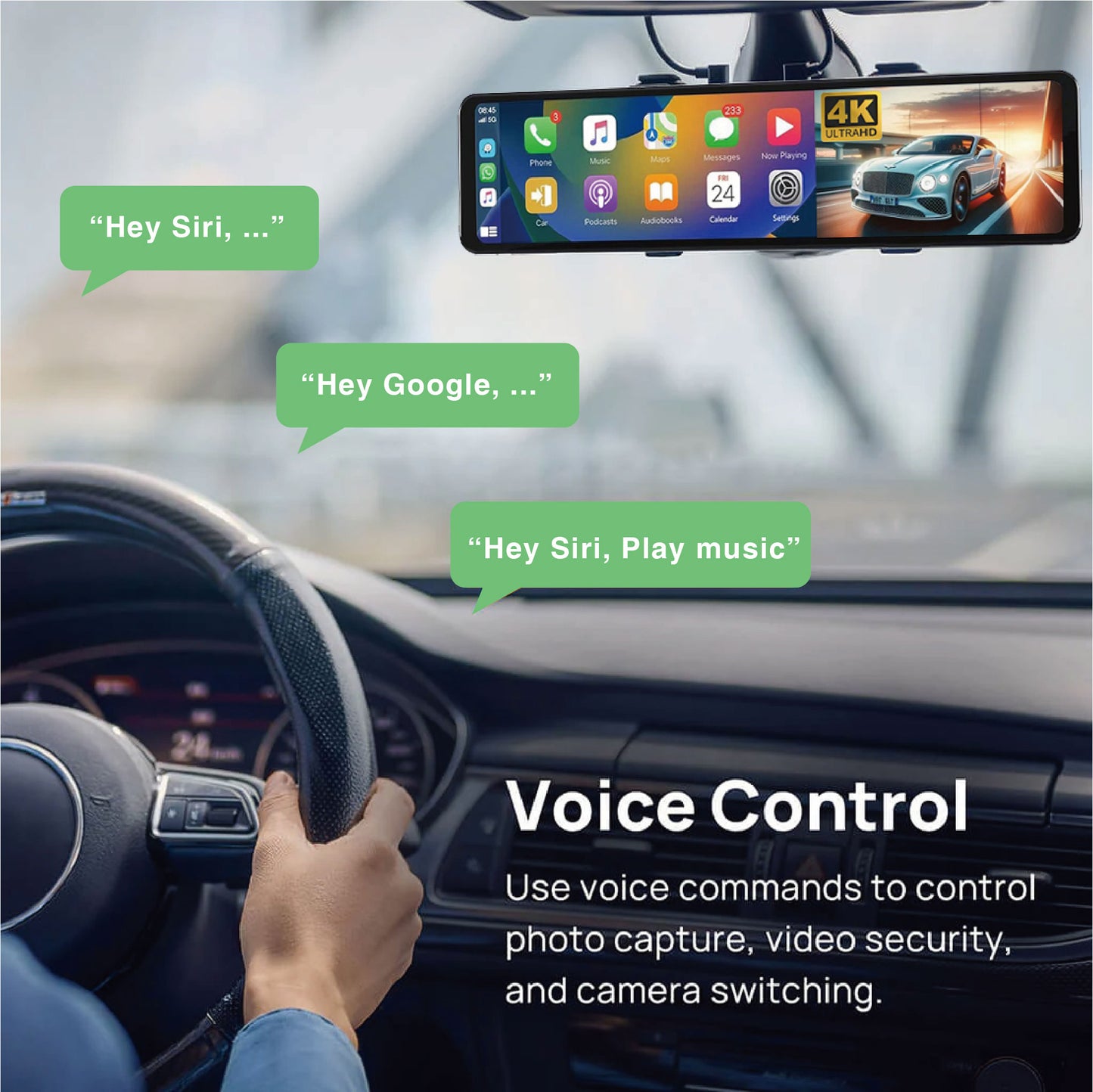 D800 4K +1080P 11.26 Inch Mirror Dash Cam with Apple Carplay Andoid Auto
