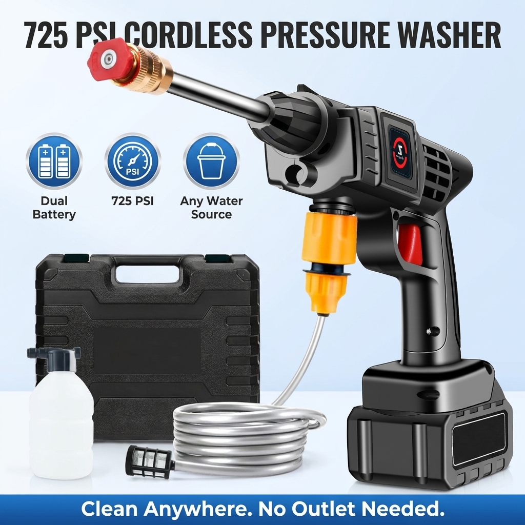 Portable Cordless Pressure Washer | 725 PSI Battery Powered | Dual Battery & Adjustable Nozzle