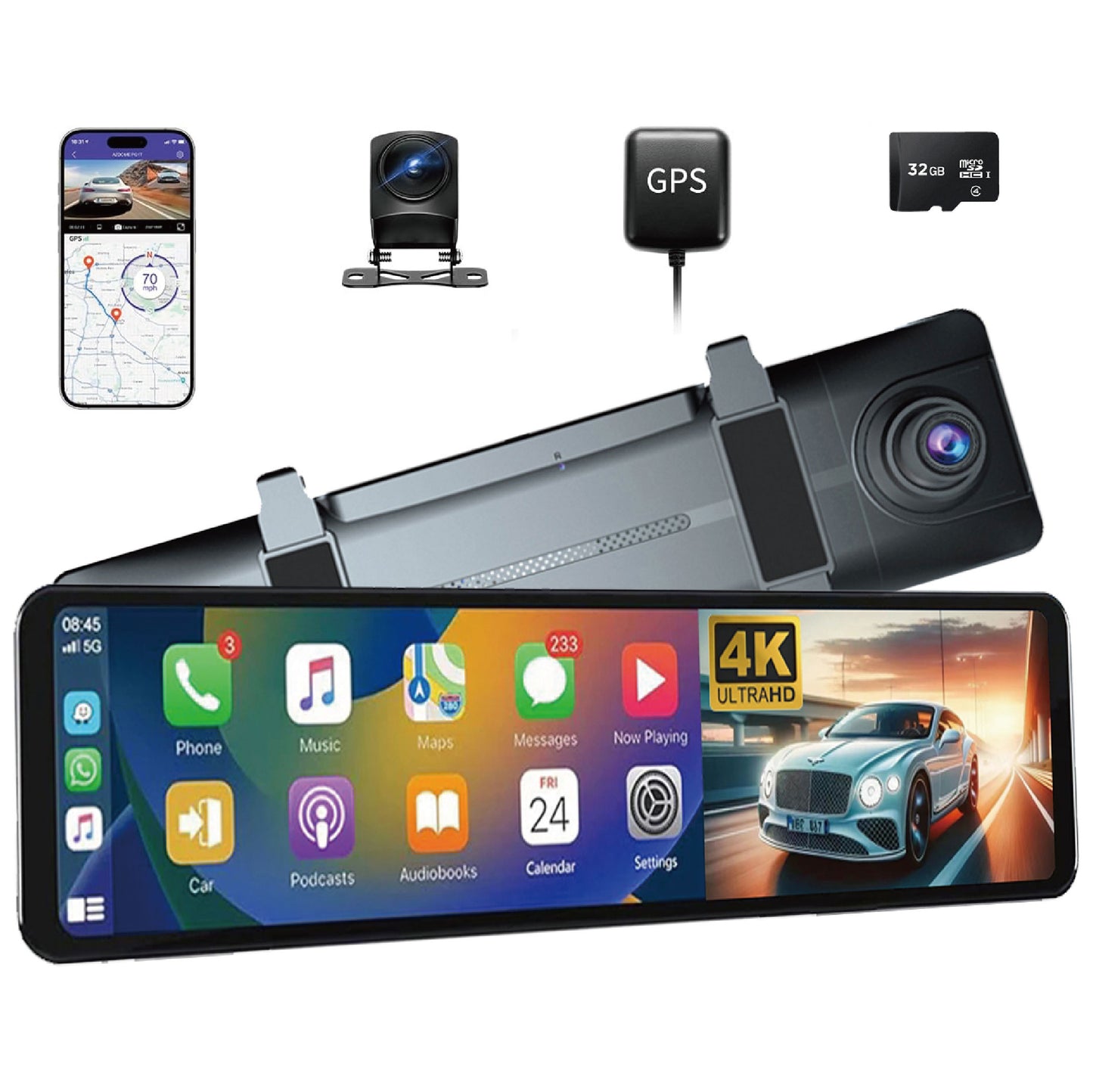 D800 4K +1080P 11.26 Inch Mirror Dash Cam with Apple Carplay Andoid Auto