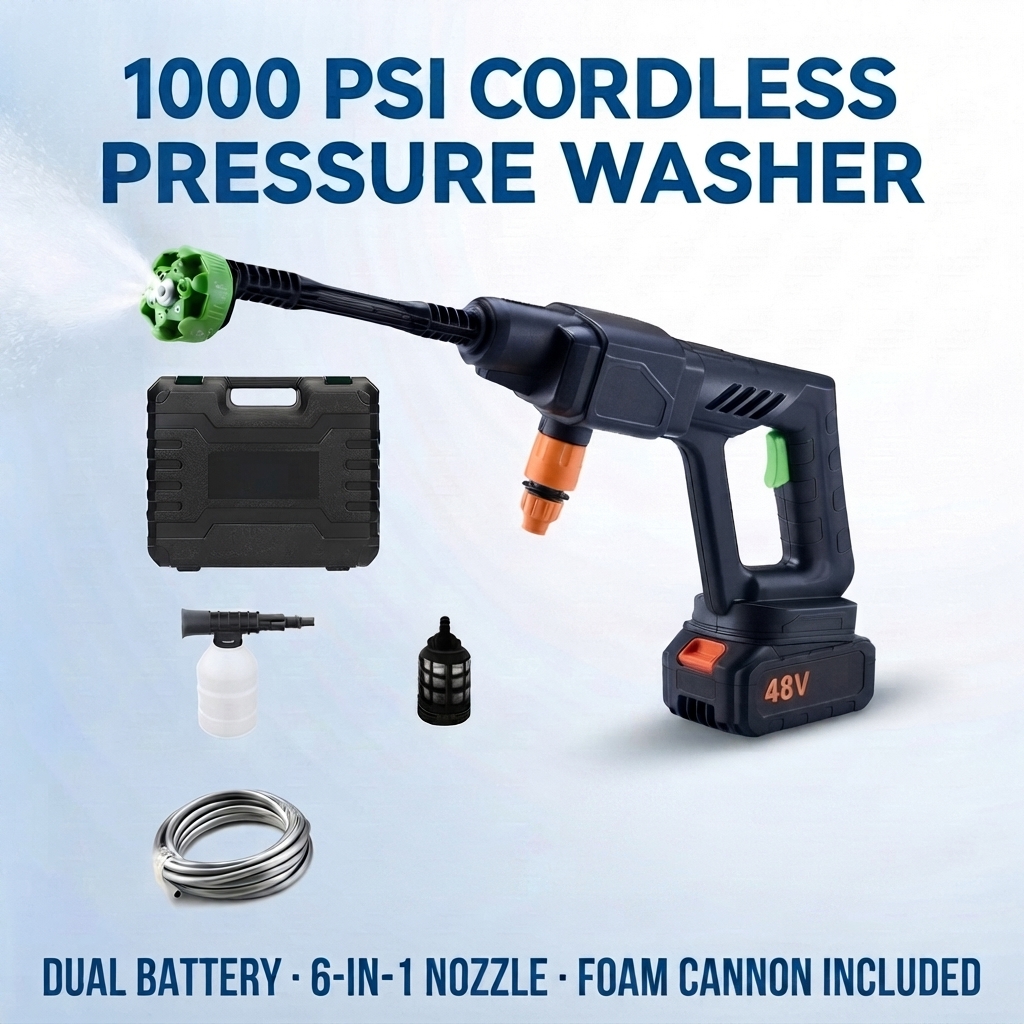 1000 PSI Cordless Portable Pressure Washer — 6-in-1 Nozzle, Dual Battery, Foam Cannon Included