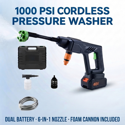 1000 PSI Cordless Portable Pressure Washer — 6-in-1 Nozzle, Dual Battery, Foam Cannon Included