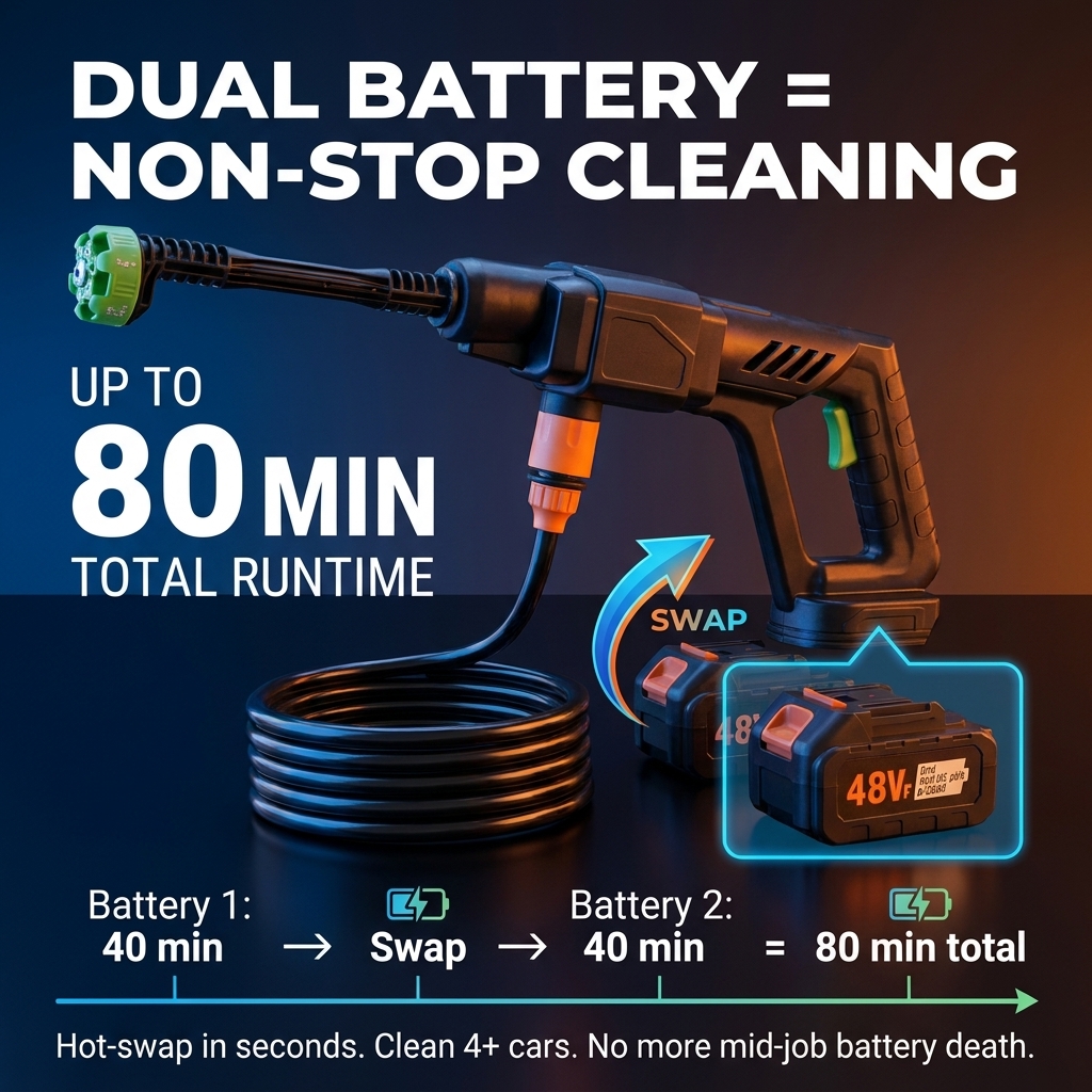 1000 PSI Cordless Portable Pressure Washer — 6-in-1 Nozzle, Dual Battery, Foam Cannon Included